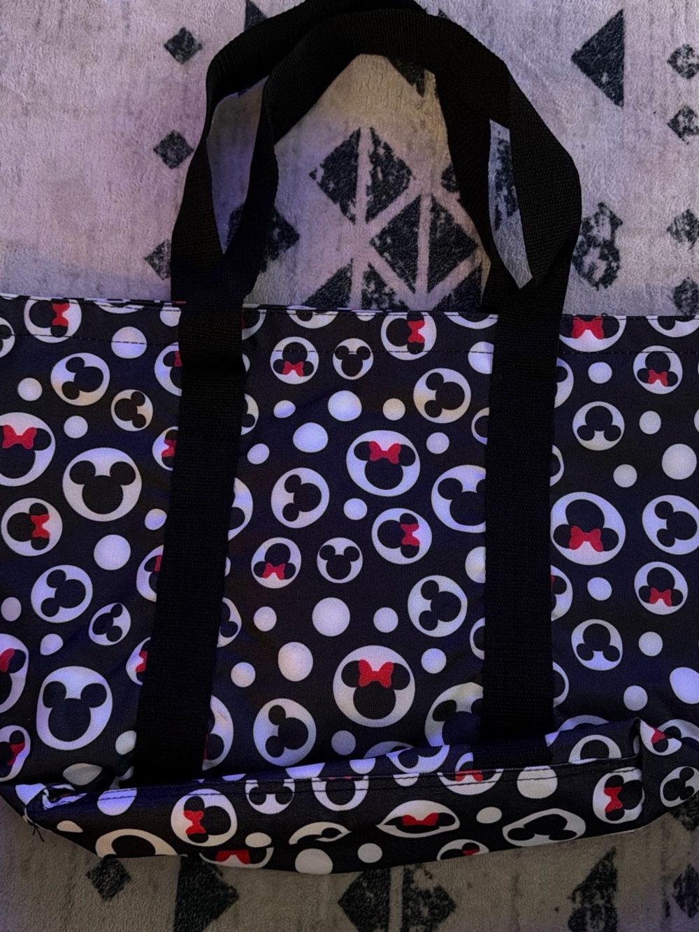 Black Minnie Mouse Pattern Tote Bag with Red Accents